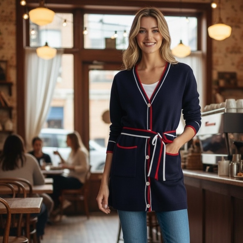 NWT‎ Vigoss Women’s Long Navy Belted Cardigan Cozy Classic Preppy Warm Winter